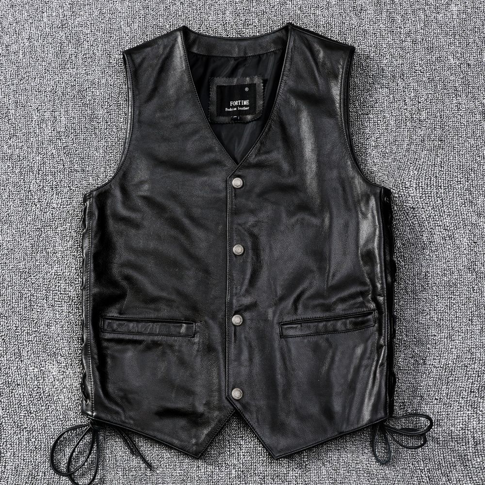 

Men s Leather Vest, Top Layer Cowhide Leather Slim Fit V-neck Pony Clip S чёрный