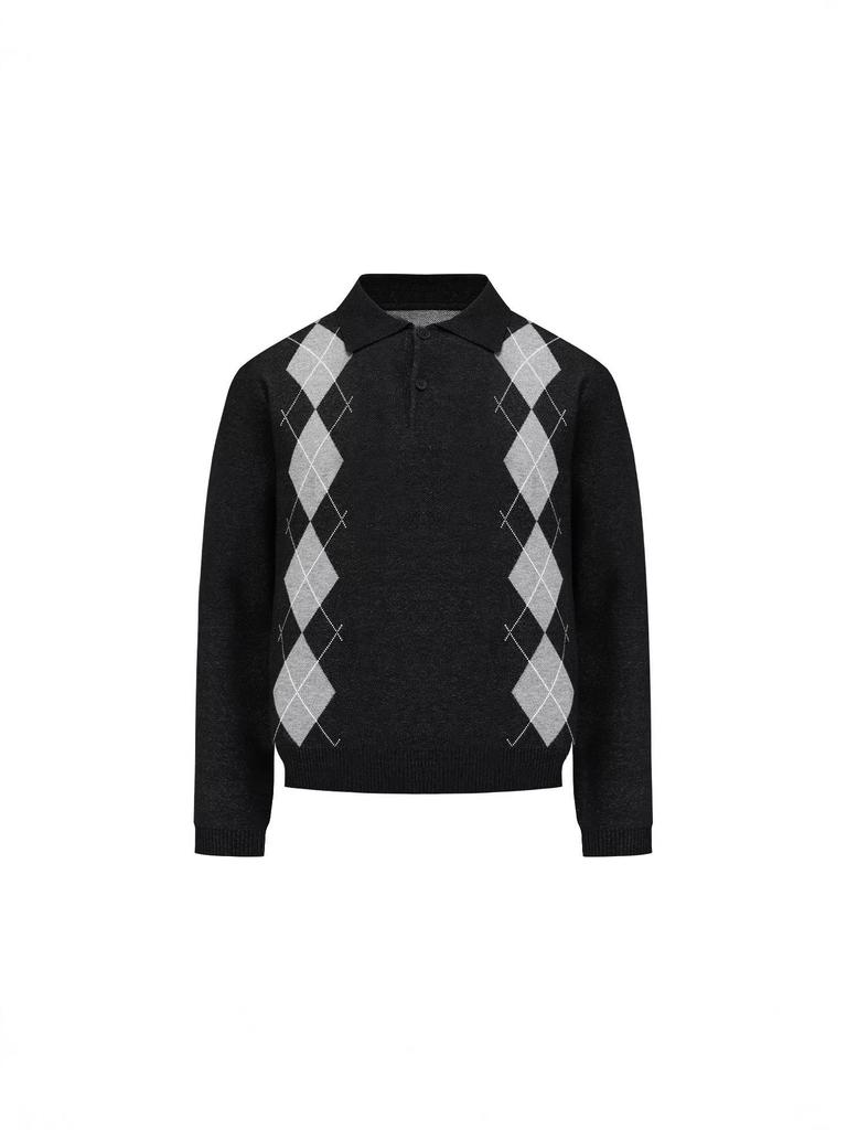 Men's British Argyle Long-Sleeve Polo Sweater - Versatile Collegiate Style for Spring and Autumn