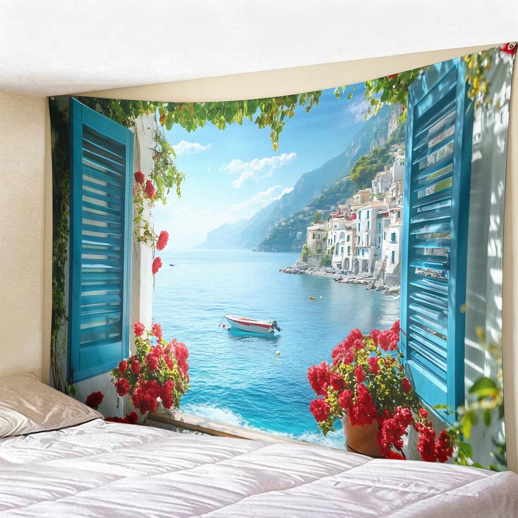 Window View Tapestry Wall Hanging, Scenic Nature Landscape Backdrop, Artificial Window Wall Decor for Bedroom Living Room
