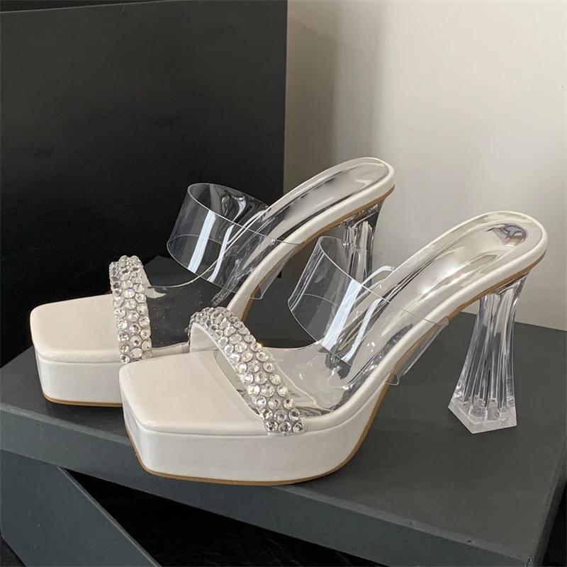 

Street Style CRYSTAL PVC Transparent Square Toe Slippers Women Platform Heels Banquet Party Slide Shoes Zapatos De Mujer 35 белый
