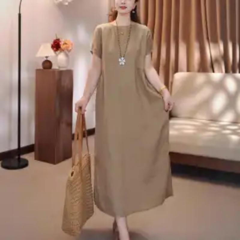 Womens Solid Color Crew Neck Short Sleeve Linen Blend Maxi Dress