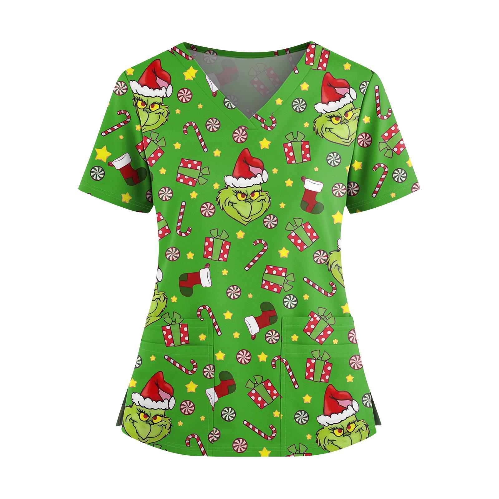 

Women s Christmas Print V-Neck Double Pocket Short Sleeve Uniform Top With Slit Hem M зелёный