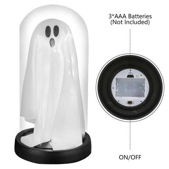 LED Ghost Decoration Halloween Indoor Light Up Ghost in Glass Cloche for Home Kitchen Mantel Tabletop Decor