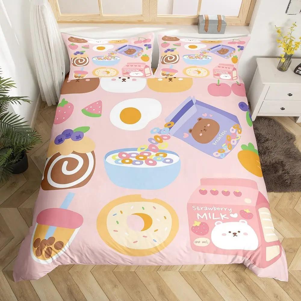 Sweet Strawberry Milk Duvet Cover King Queen Cute Bear Bedding Set Cartoon Fruits Animals Comforter Cover with 2 Pillowcases