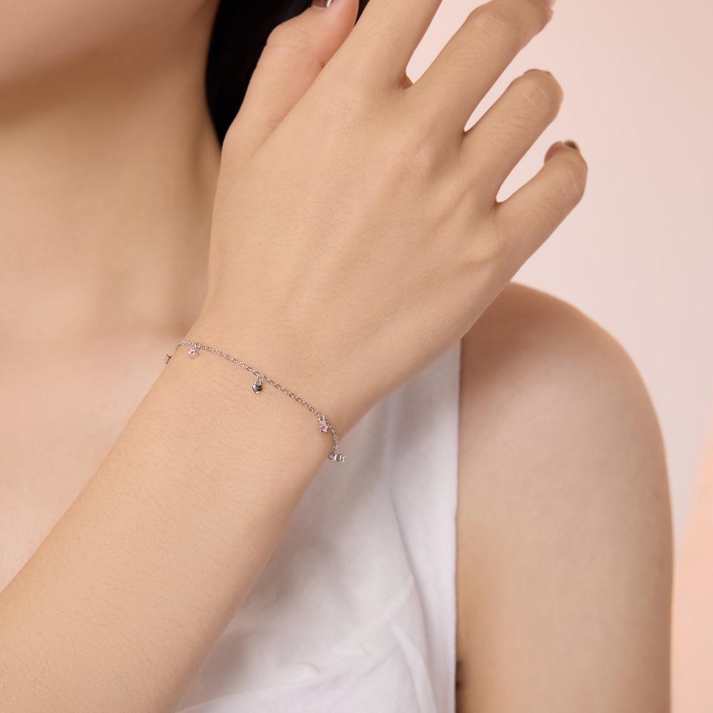 INS Style S925 Sterling Silver Bracelet with Pink Diamond Heart Pendant - Elegant Women's Jewelry
