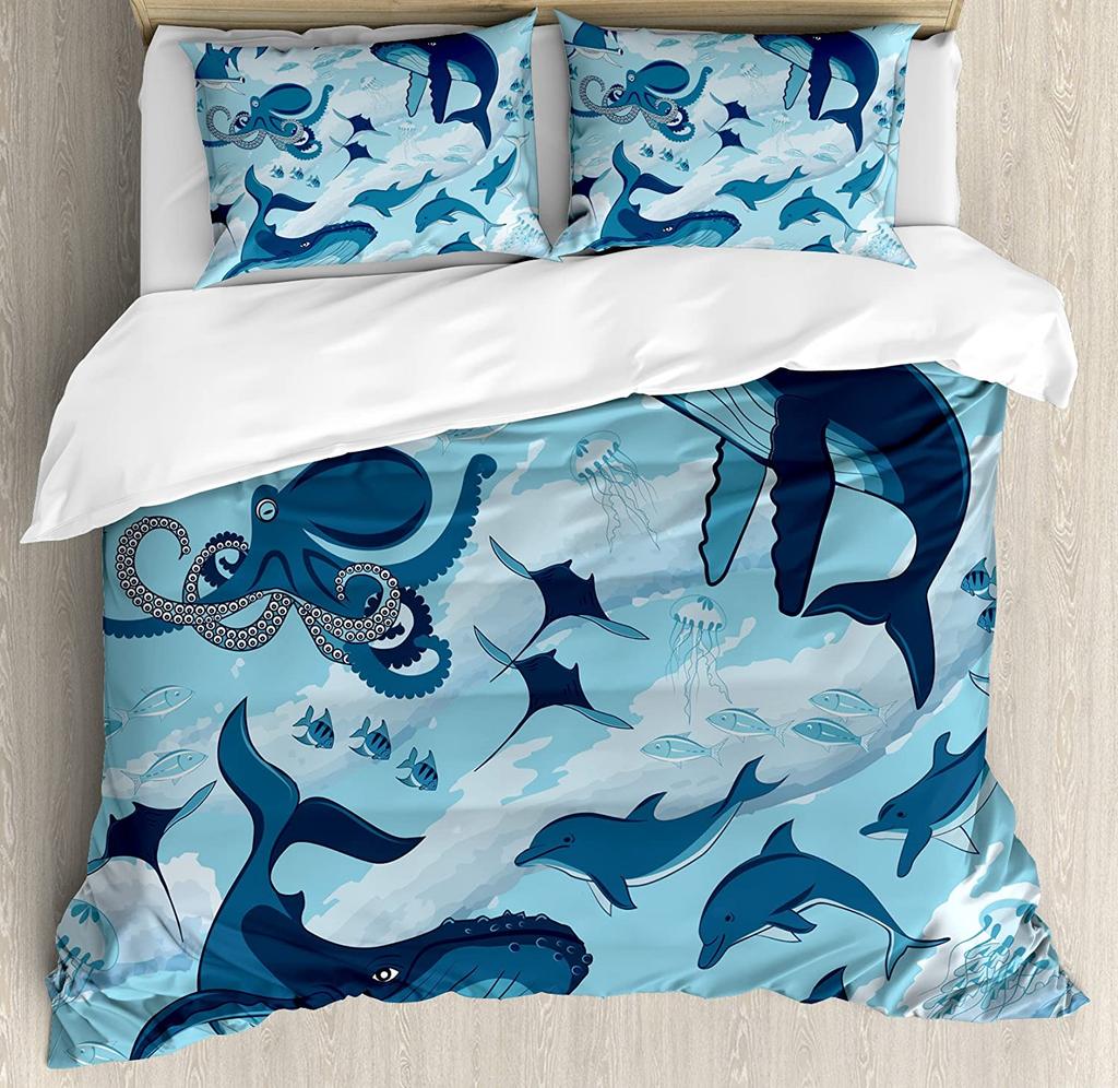 Shark Bedding Set For Bedroom Bed Home Inhabitants Of Ocean Sharks Whales Dolphins Octopus Duvet Cover Quilt Cover Pillowcase