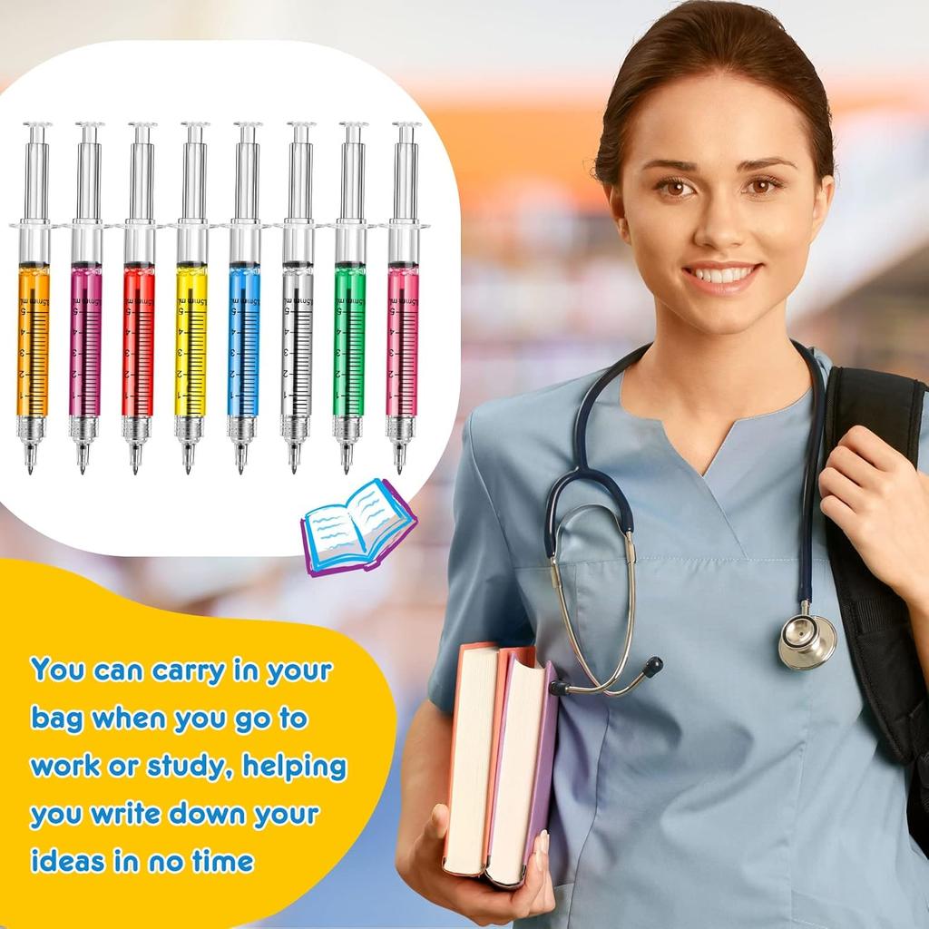 Estune 100 Pcs Syringe Retractable Nurse Pens Novelty Fun Multi Colors Medical Blood Ballpoint Pens Gifts for Nursing Student School Supplies