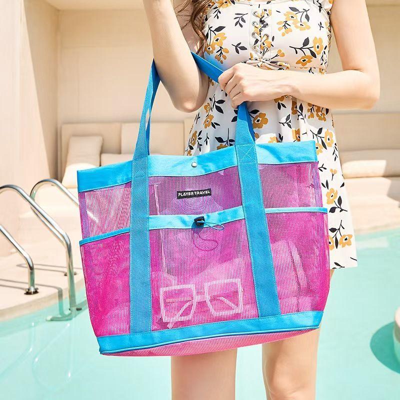 Large Capacity Makeup Storage Bag Women Multifunctional Mesh Shoulder Bag Travel Portable Breathable Mesh Bag Tote Beach Bags