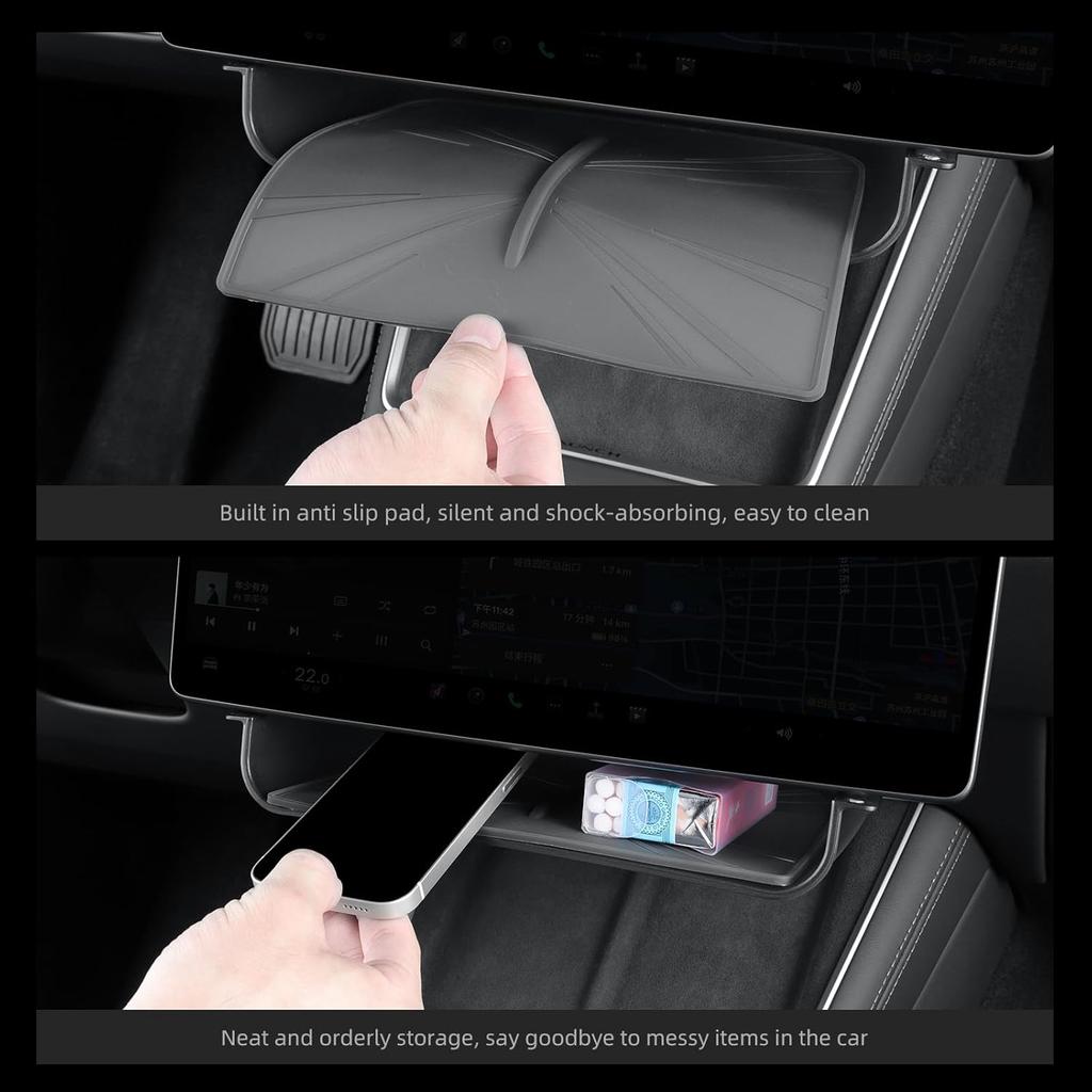 Vassoio portaoggetti nascosto sotto lo schermo LUCKEASY per Tesla Model Y Juniper 2025 2026/Model 3 Highland 2024 2025, organizer per console centrale a scomparsa in ABS