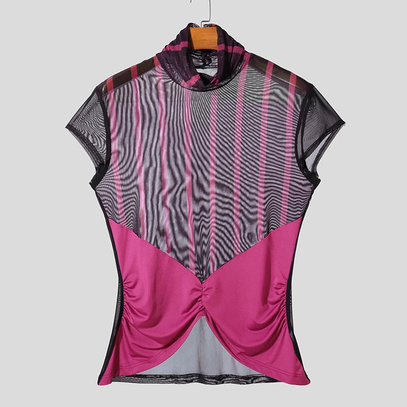 INCERUN Men High Neck Striped Mesh Sheer Stitching Irregular Party Club T-shirts Tops