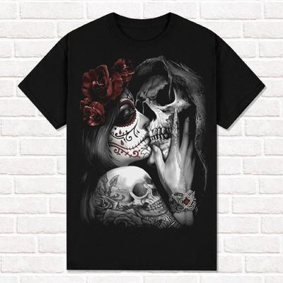 Muerte Kisses Death Tričko Svatá Smrt Santa Muerte Mexický Styl Smrťák Unisex Bavlněné Krátký Rukáv High Street