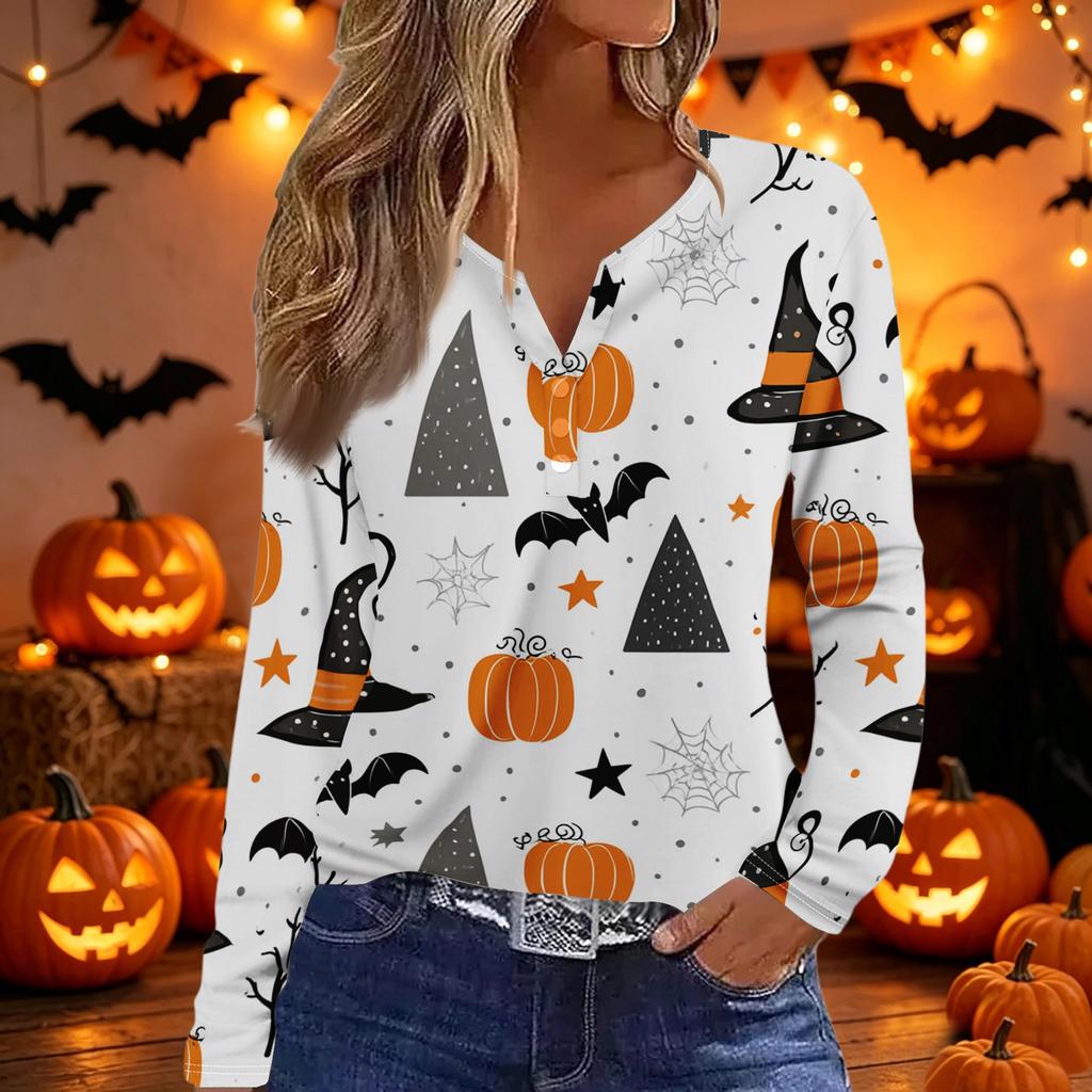 Women's Long Sleeve V Neck T Shirt Halloween Print Button Detail Casual Top Lightweight Soft Fabric Comfortable Fit