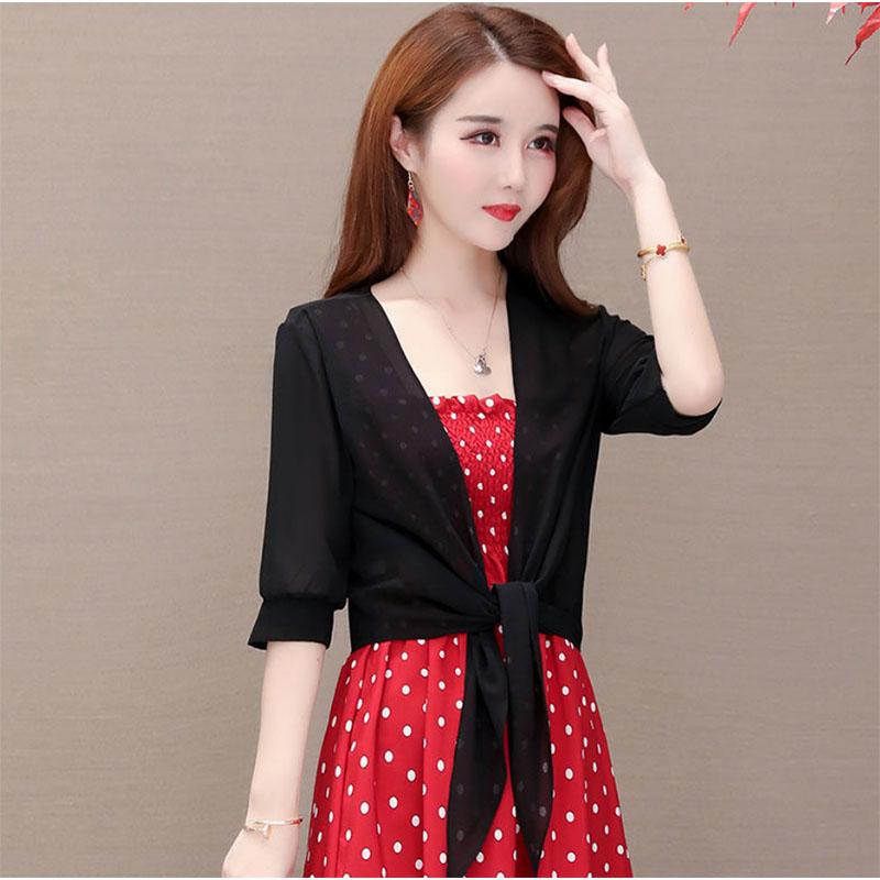 Shawl-style Top Women's All-match Short Chiffon Sunscreen Cardigan with A Thin Skirt