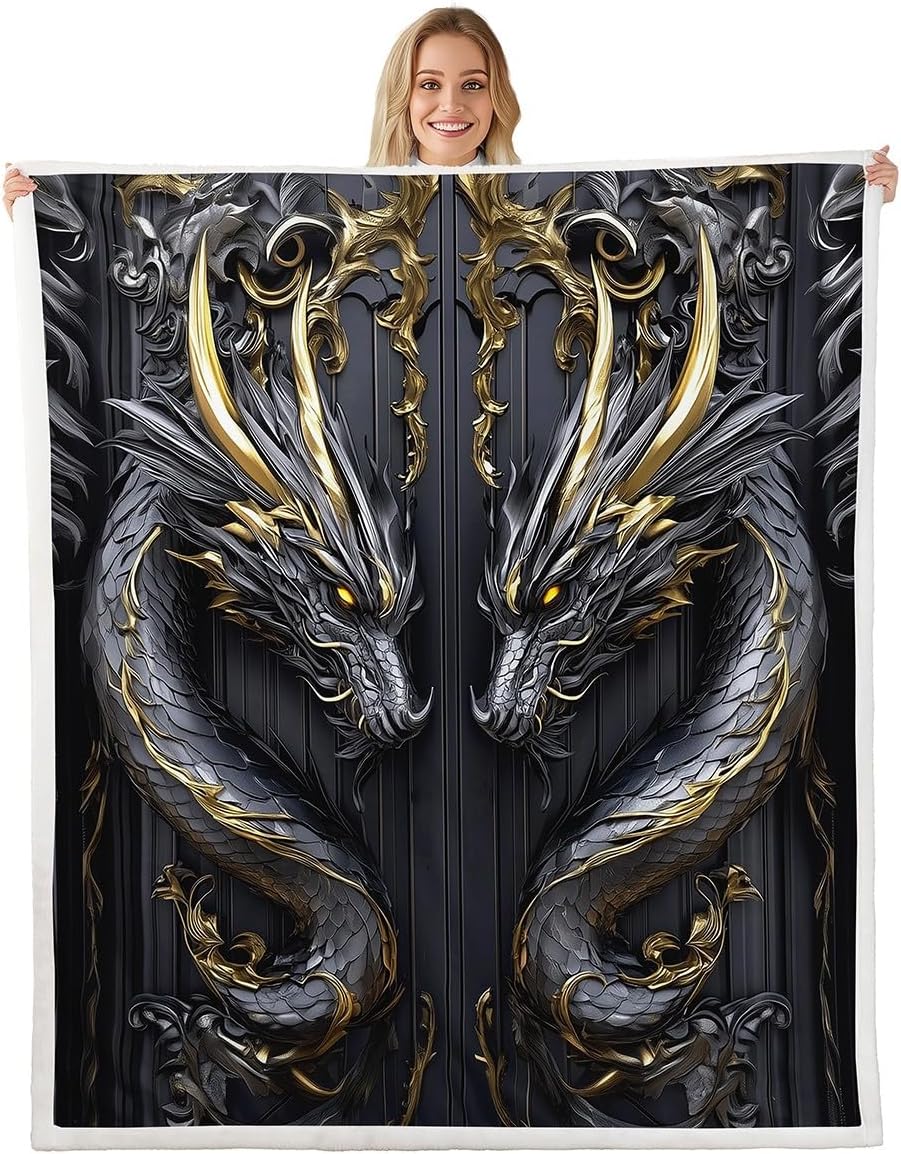 Girls Dragon Fleece Blanket Twin Size Japanese Style Animal Fuzzy Plush Throw Cherry Blossoms Sakura Sherpa Blanket Ancient 75x100cm