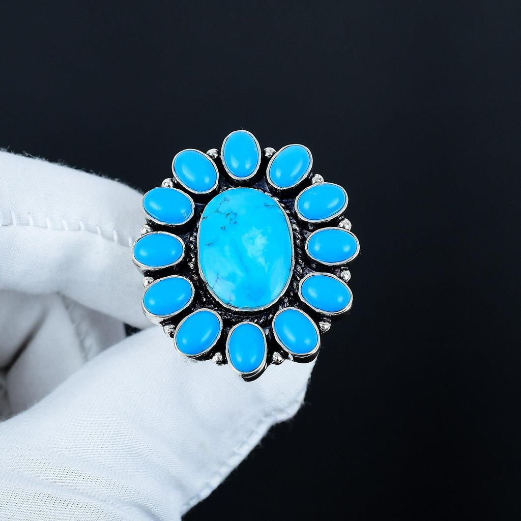 Naturlig Sömn Turkos Ädelstensring, 925 Sterling Silver Ring, Gåva Till Henne, Oval Sten, Elegant Handgjord Ring, Turkos Blomma Silverring