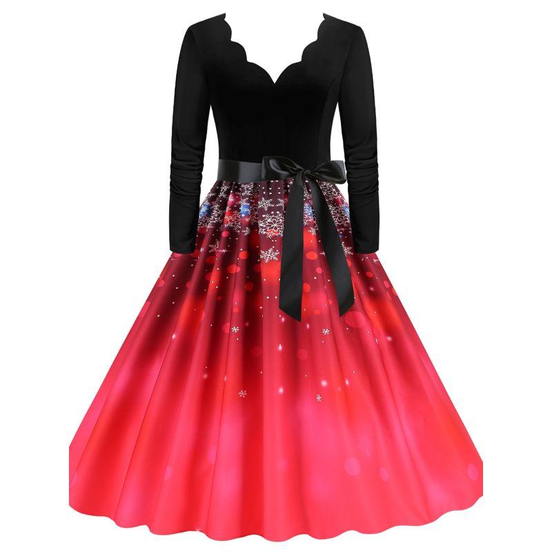 European and American Retro Autumn Burning Flowers V-neck Slim Fit A Word Snowflake Elk Christmas Mid-Length Long Sleeve Dress Formal Dress