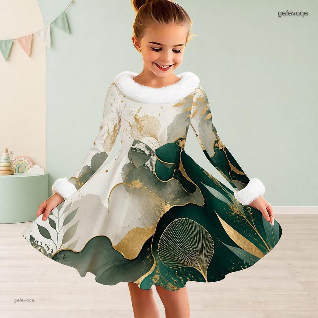 Girls Furry Collar Long Sleeve Bow Decor Printed Dress Dark Green Beige Gold A Line Flared Hem