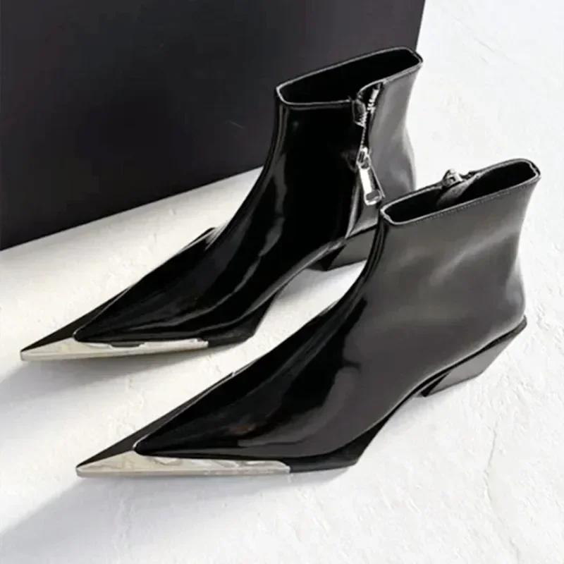 Fashion Luxury Designer Pointed Toe Chelsea Boots Women 2025 Fall Chunky Heel Metal Toe Decoration High Heels Side Zip Black Ankle Boots