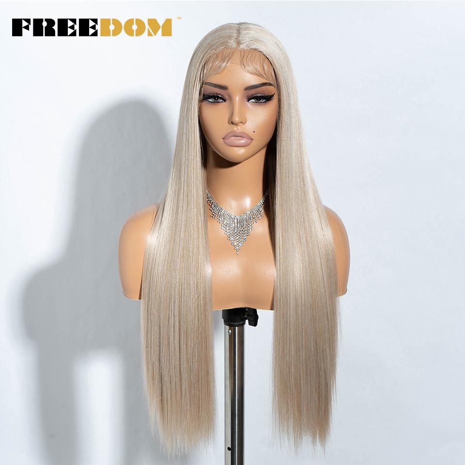 FREEDOM Long Straight Synthetic Lace Front Wigs For Women 30 Inch Ombre Blue Blonde Lace Wig Easy Wear Cosplay Wig