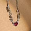 Heart Design Red Stone Hand Bone Shape Chain Women Men Necklace Ins Design Heart Charm Korean Chain Men Women Necklace