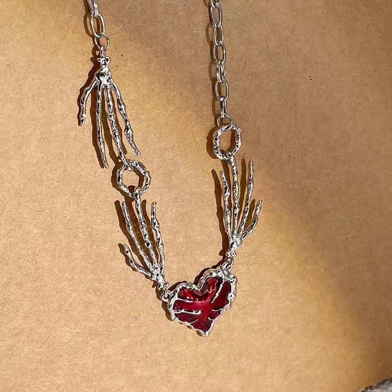 Heart Design Red Stone Hand Bone Shape Chain Women Men Necklace Ins Design Heart Charm Korean Chain Men Women Necklace