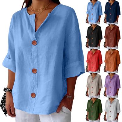 2025 Losse V-hals Katoen Linnen Knopen Top voor Dames - Comfortabel Casual T-shirt voor Lente en Herfst