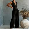 Damen V-Ausschnitt Ärmellos Weiter Bein Jumpsuit Elegantes Taillen-Outfit für Freizeit oder Formelle Anlässe