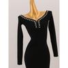 Light Luxury High-End Imported Rhinestone off-Neck Long sleeve dress European and American Open Collarbone Slim fit Slimming Sheath Knitted Skirt