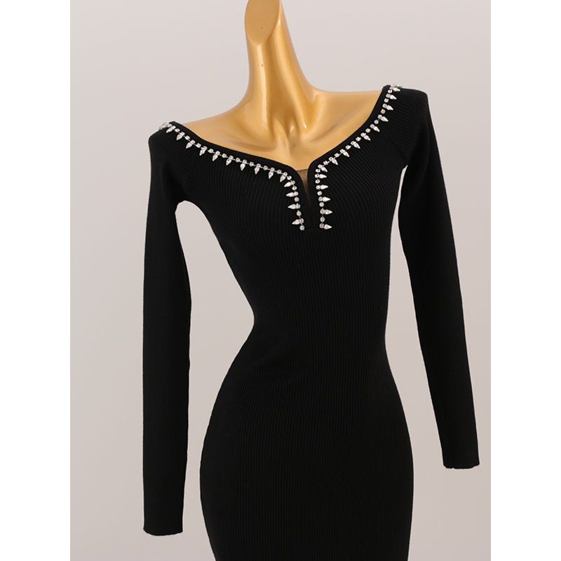 Light Luxury High-End Imported Rhinestone off-Neck Long sleeve dress European and American Open Collarbone Slim fit Slimming Sheath Knitted Skirt