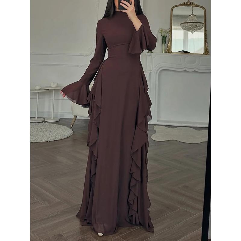 Abito Casual Elegante da Donna Europeo Americano a Vita Alta Monocolore con Maniche a Campana Abito Lungo Maniche Lunghe