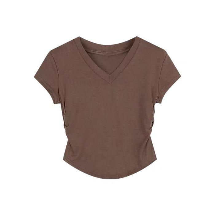 Letní francouzský pas design přední rameno krátký rukáv tričko dámské slim-fit krátké véčko spodní tričko, tenký top dámské oblečení