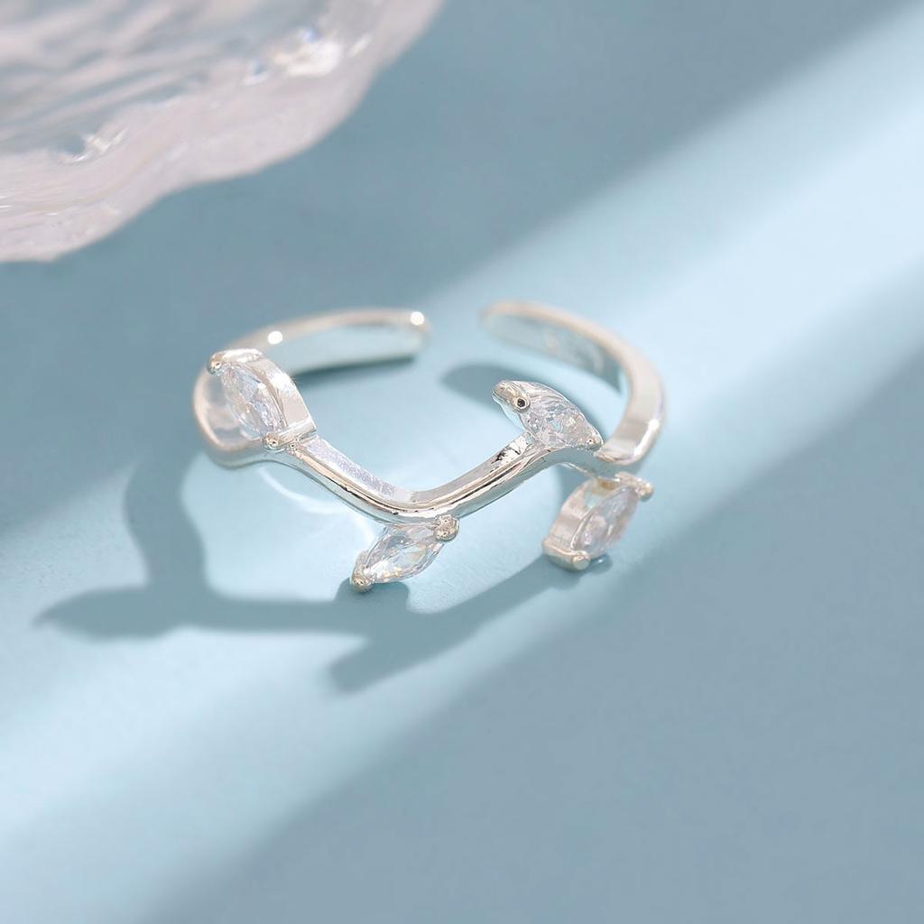 925 Sterling Silver Rings For Women Geometric Fine Jewelry Finger Adjustable Simple Blue Stone Leaf Ring For Party Birthday Gift