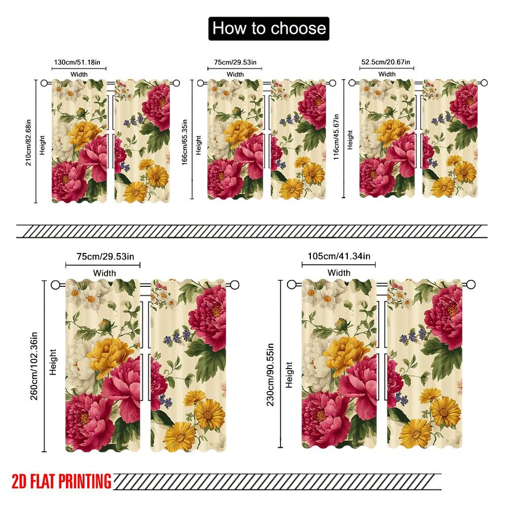 2pcs,2D Plane Printing Curtains Roller Blinds Pastel Floral Burst Versatile Fabric (without Rod) Art Deco Festive Use for Living