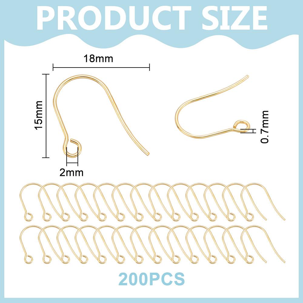 200Pcs 304 Stainless Steel Earring Hooks, Ear Wire, with Horizontal Loop, Real 18K Gold Plated, 18x15mm, Hole: 2mm