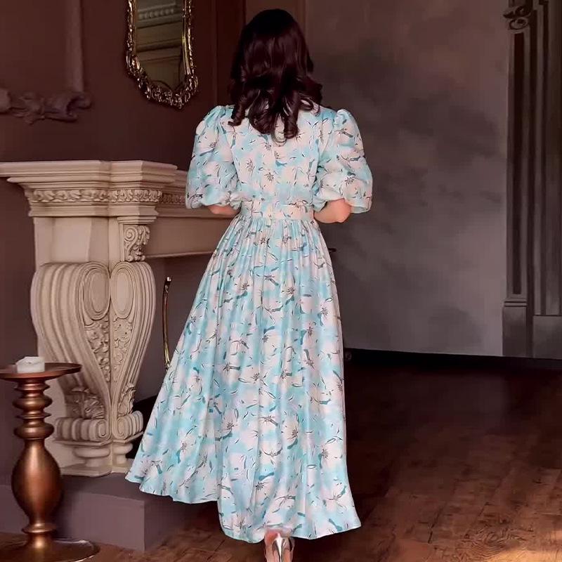 2024 Sommer Colorblock Puffärmel Revers Kleid - Europäische & Amerikanische Damenmode