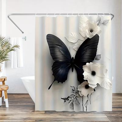 Elegant Simple Black Butterfly White Flower Art Bathroom Shower Curtain Waterproof Bathroom Decorative Shower Curtain