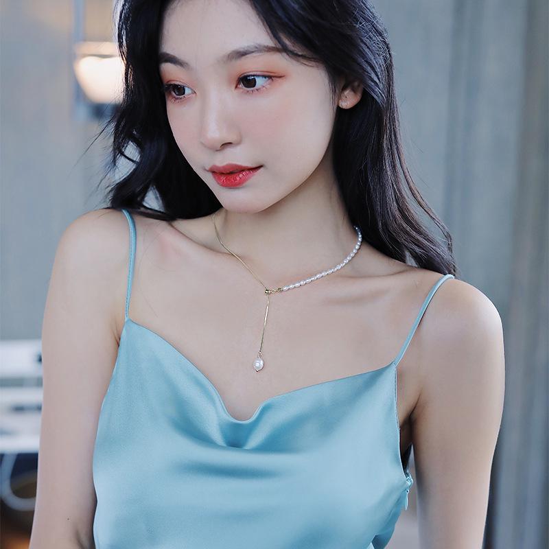 Women's Freshwater Pearl Y-Shaped Clavicle Necklace with Adjustable Sliding Buckle