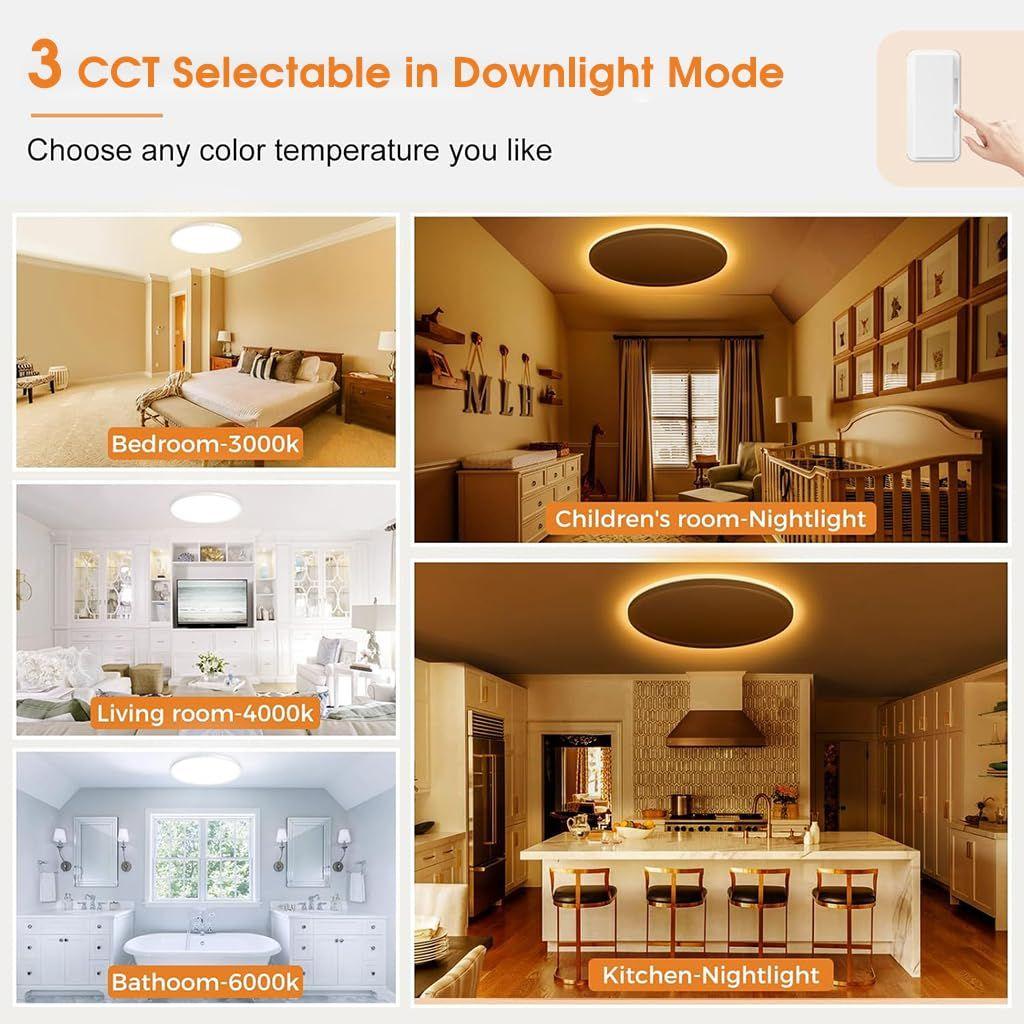 LED Ceiling Light with Remote Control,Dimmable 24 W 3-Color Ceiling Light with Dim Night Light 1800k Warm,Round Flush LED Ceiling Lights (White)
