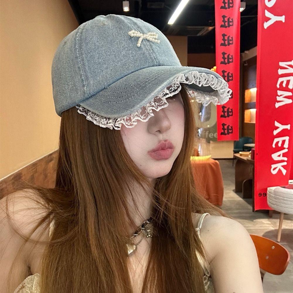 Lace Bow Baseball Cap Pearl Peaked Cap Fashion Denim Hat Outdoor