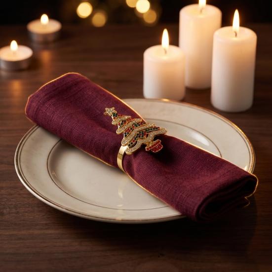 Luxury Napkin Fasteners Christmas Tree Ring, Alloy Rhinestone Holder, Winter Festive Table Decorations Holiday Band for Dinner Parties Decoration New