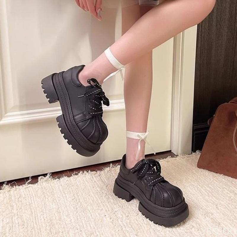 Thick soled height increasing lace up thick heel fashion single shoe simple comfortable non slip wear-resistant women's shoes