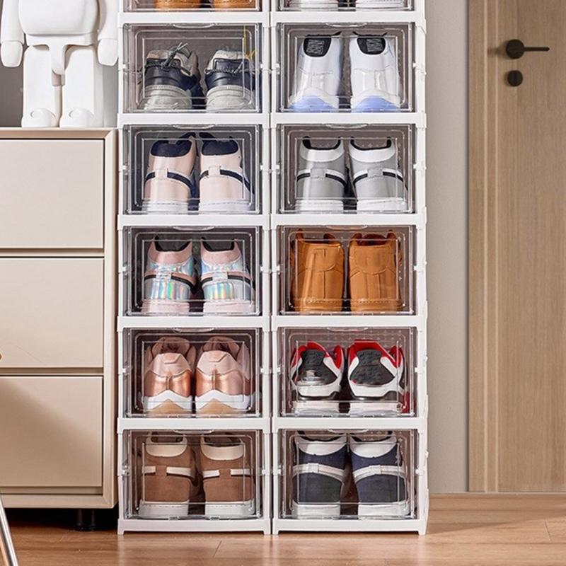 Stackable Shoe Organizer with Clear Viewing Panel Foldable Footwear Storage Rack Dustproof Shoe Case Dorm Room Essential