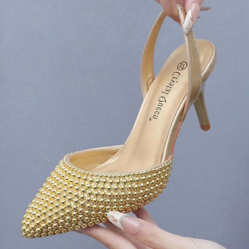 Mode Klassisch Neu 7cm Flachmündige Spitzsandalen Silber Perle Feine Absatzsandalen Braut Hochzeit Fotografie Lässige Perlenschuhe 43