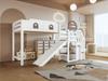 Bunk Bed, Children's with Window, with Slide, Stairs with Handrail, with 2 Lockers, Ample Storage Space, Pine+MDF, White+Brown, 90x200cm