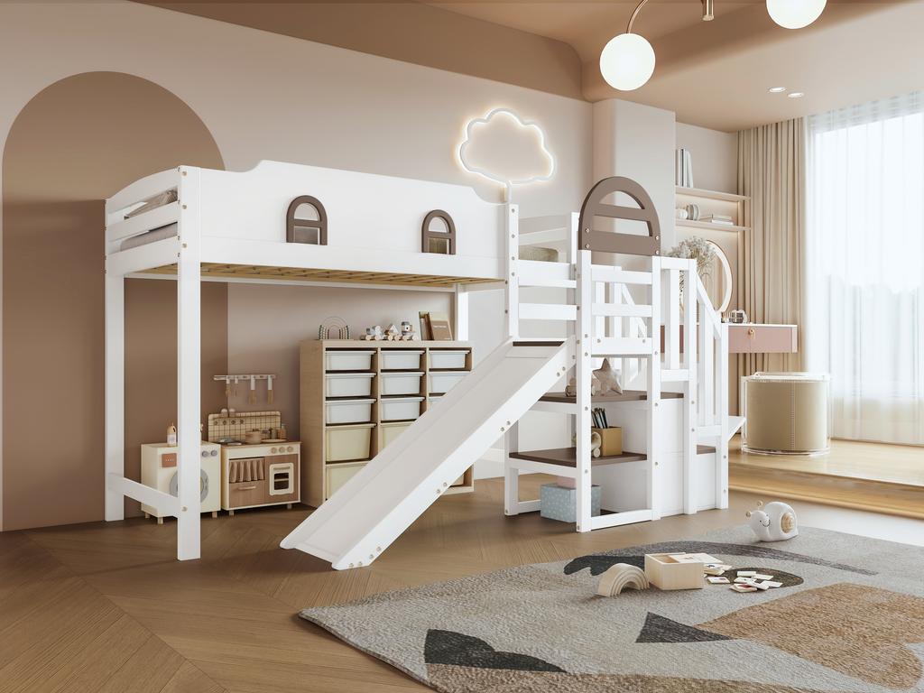 Bunk Bed, Children's with Window, with Slide, Stairs with Handrail, with 2 Lockers, Ample Storage Space, Pine+MDF, White+Brown, 90x200cm