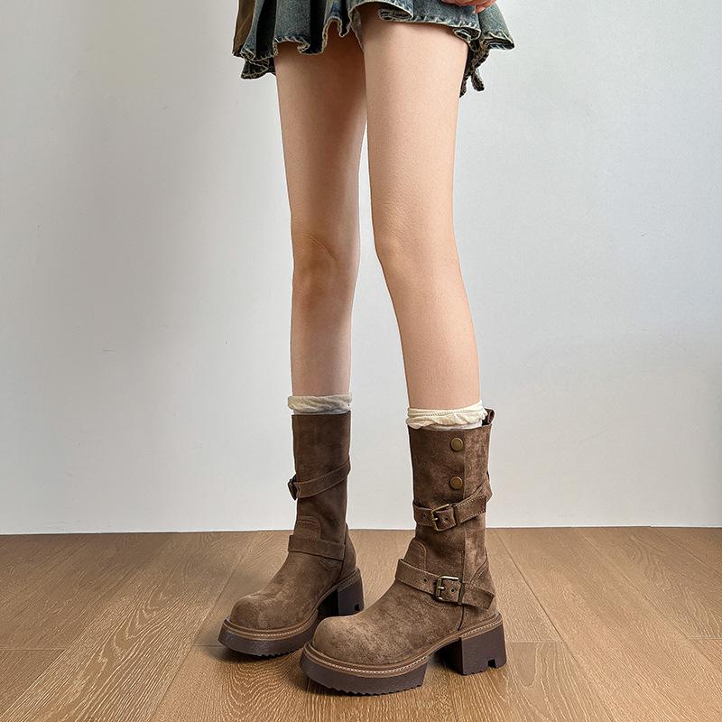 

Retro thick-soled thick-heeled Maillard style boots, two short boots for women 2025 new autumn and winter velvet mid-tube western boots 34 коричневый
