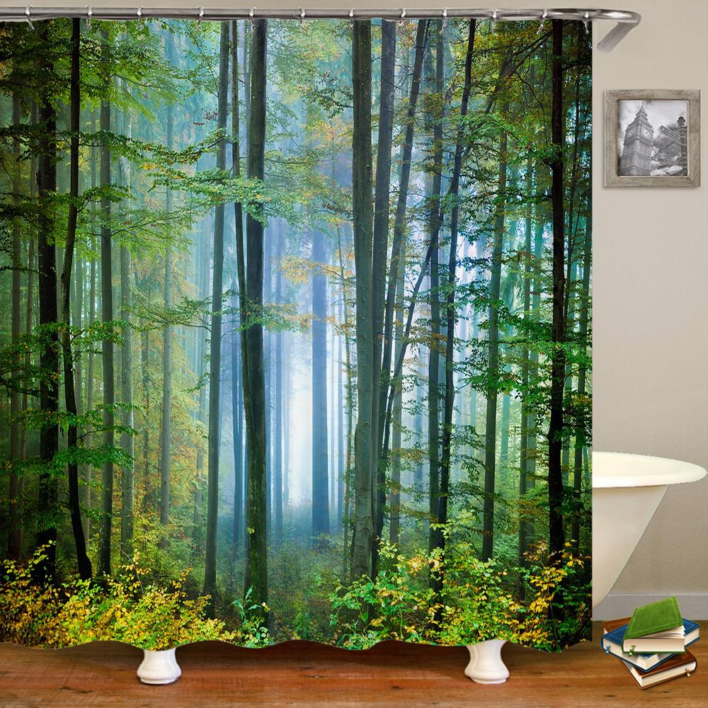 Forest Landscape Shower Curtain Garden 3D Green Plant Tree Natural Scenery Waterproof Polyester Bathroom Curtain Home Decor