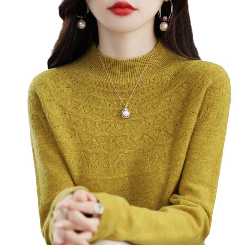 Women's Slimming 100% Wool Half-High Neck Sweater, Seamless Cashmere Knit Base Layer, Autumn Winter Loose Top with Hollow-Out Design