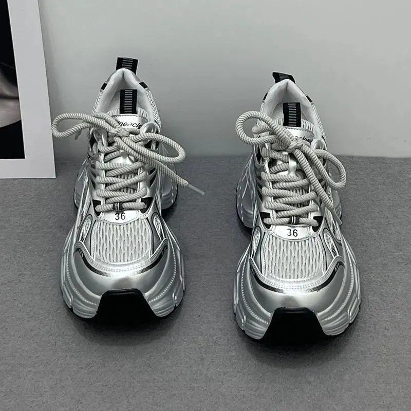 Silver Stacked Inner Height-increasing Women's Shoes 2025 New Summer Ins Internet Celebrity Platform Muffin Sports and Leisure Dad Shoes