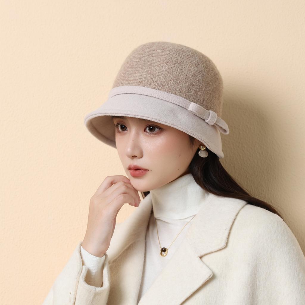 Herbst und Winter Eleganter Woll-Bucket-Hut Damen Retro Schleife High-End Thermischer Beckenhut